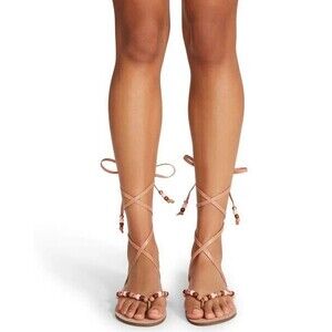 Steve Madden Jenny Blush Lace Up Thong Bead Vegan Leather Flat Sandals 7.5M